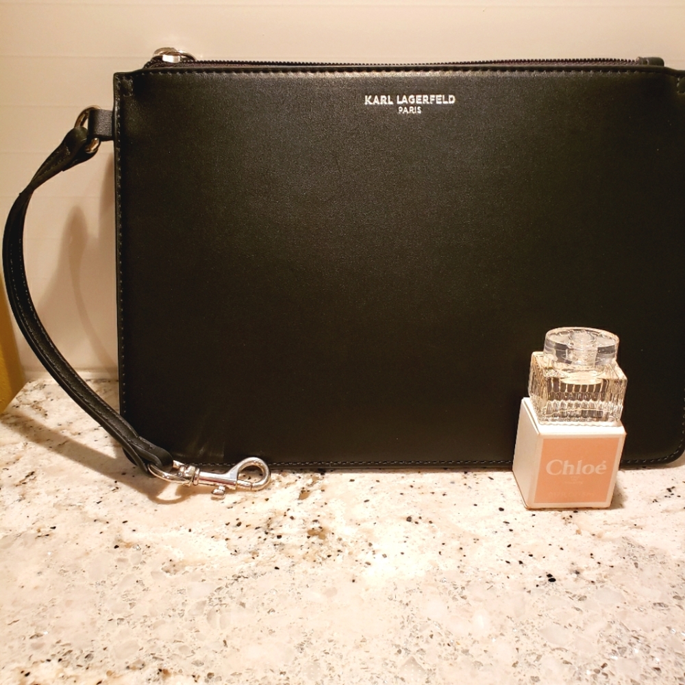 Karl Lagerfeld wristlet in black and Chloe mini.